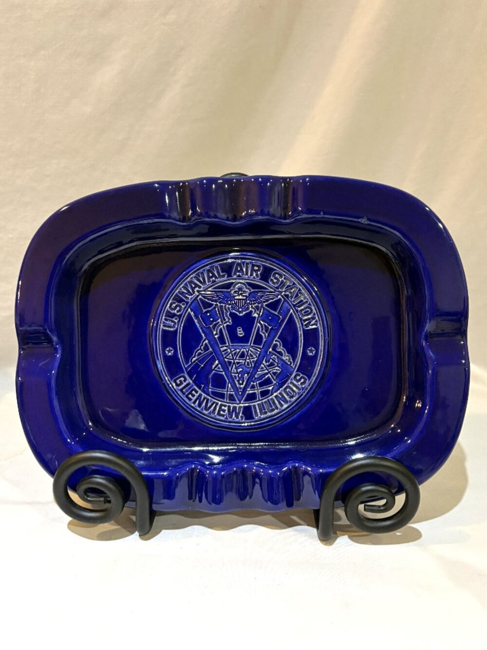US Naval Air Station Glenview Illinois Cobalt Blue Ceramic Cigar Ashtray AS IS